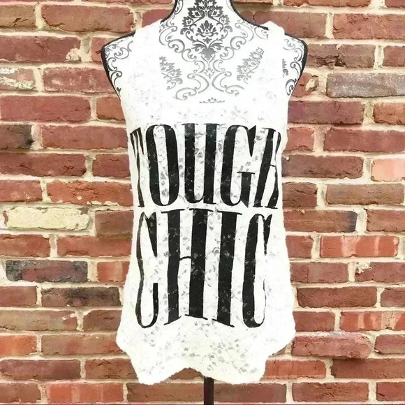 EXPRESS “Tough Chic” Creme Lace Scoop Neck Graphic Sleeveless Tank Top Size M - Picture 2 of 8